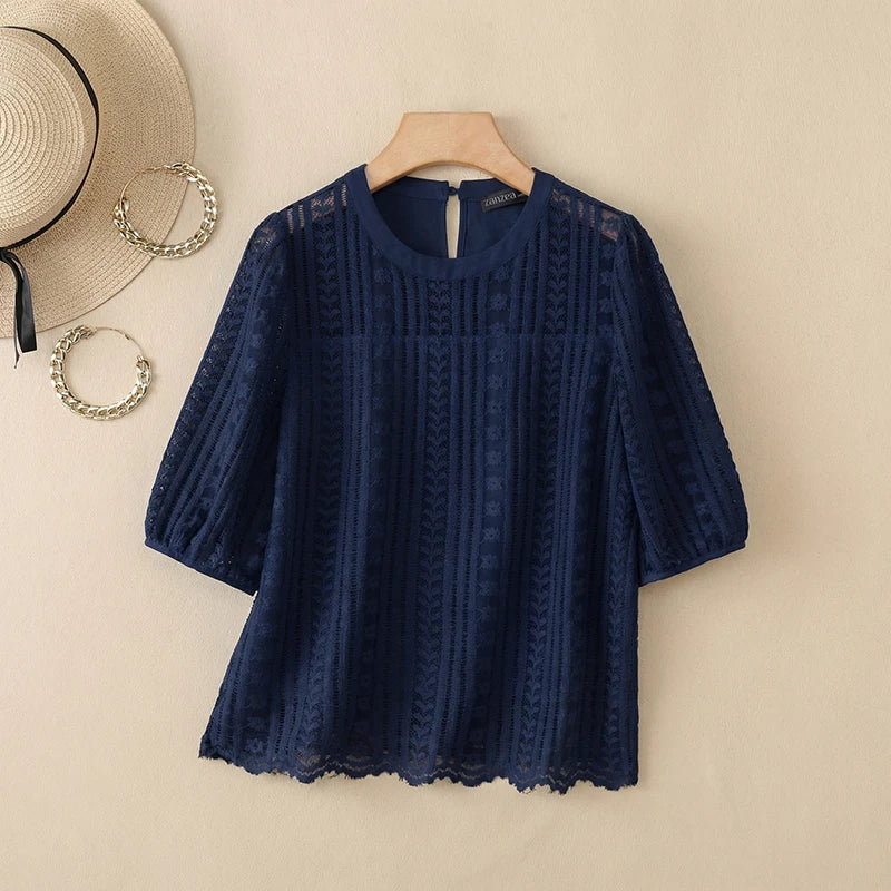 ZANZEA Womens Openwork Lace Blouses Elegant Half Puff Sleeve Solid Color O-Neck Tops 2026 Summer Casual Commute Blusas de Mujer