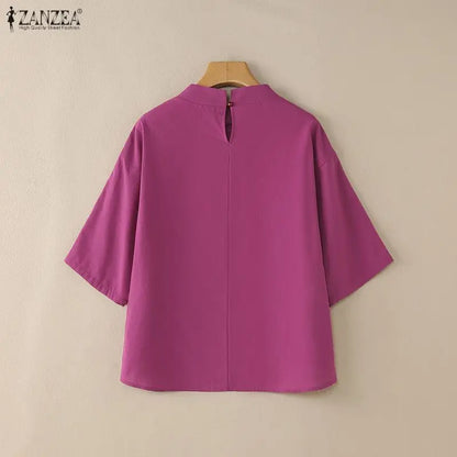 ZANZEA Casual Style High Low Blouses Women 2026 Spring Drop-Shoulder 3/4 Sleeve Stand Collar Solid Tops Fashion Woman Clothes