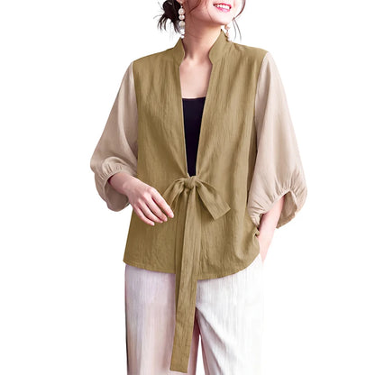 ZANZEA Woman Kimono Tops Stylish Color Blocked Lantern Sleeves Tie-Front Cover-Up 2026 Summer Casual Daily Wear Loose Cardigans