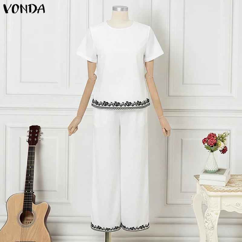 VONDA Summer Thin Women Pant Sets Print 2pcs Casual Short Sleeve Tops Wide Leg Pants Streetwear Two-piece Outfits Blusas Trouser