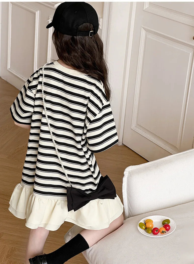 2026 Summer Kids girls cotton patchwork flounce lace striped T-SHIRT Dresses cotton Princess Children 5 6 7 8 10 11 12 13 Years