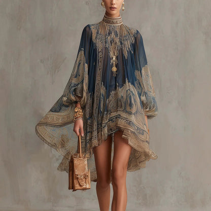 2026 hot  European and American turtleneck printed chiffon dress loose vacation style shawl long-sleeved women's dress