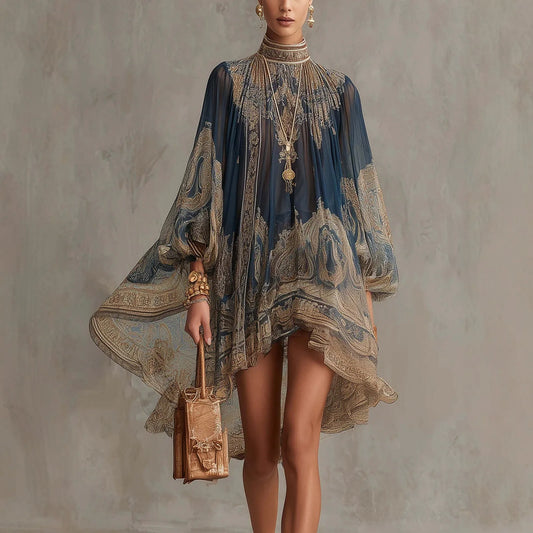 2026 hot  European and American turtleneck printed chiffon dress loose vacation style shawl long-sleeved women's dress