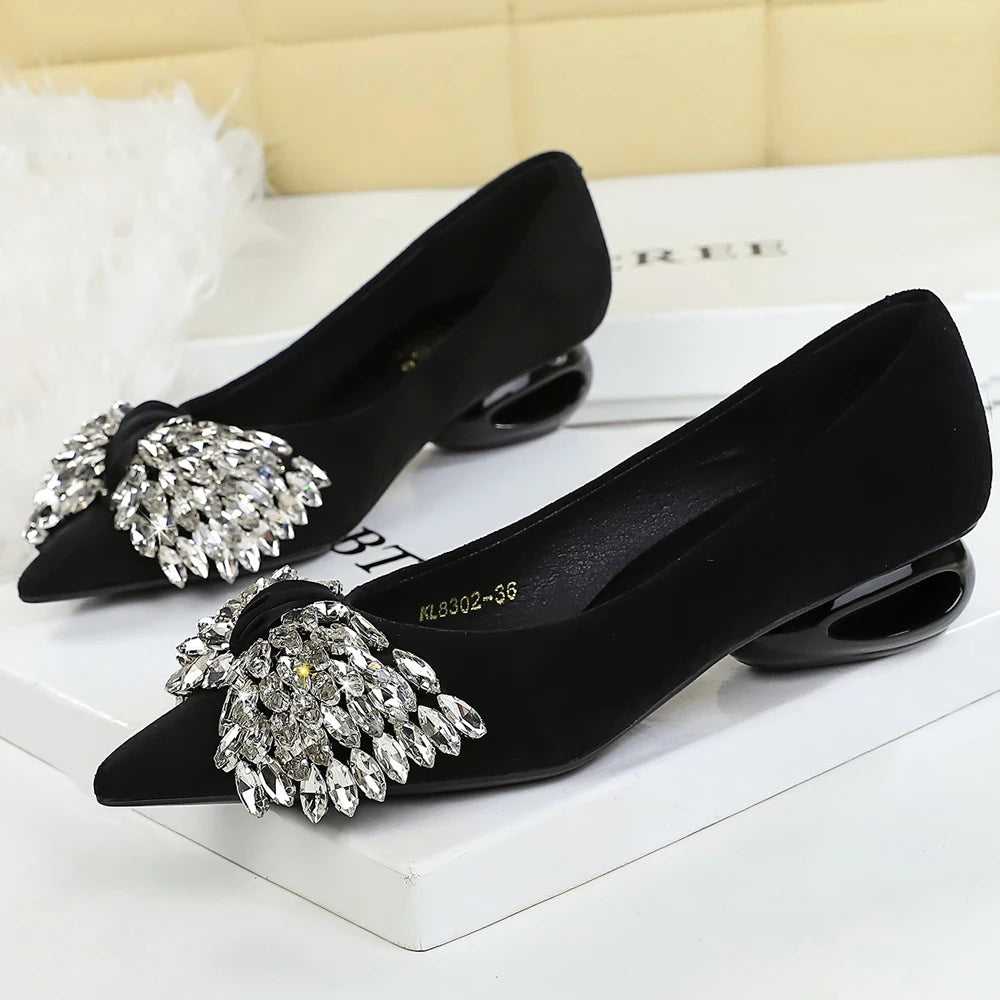 BIGTREE Shoes Rhinestone Bow Low Heeled Women's Shoes Hollow Heel Design Women Pumps Professional Suede Office Shoes Fashion