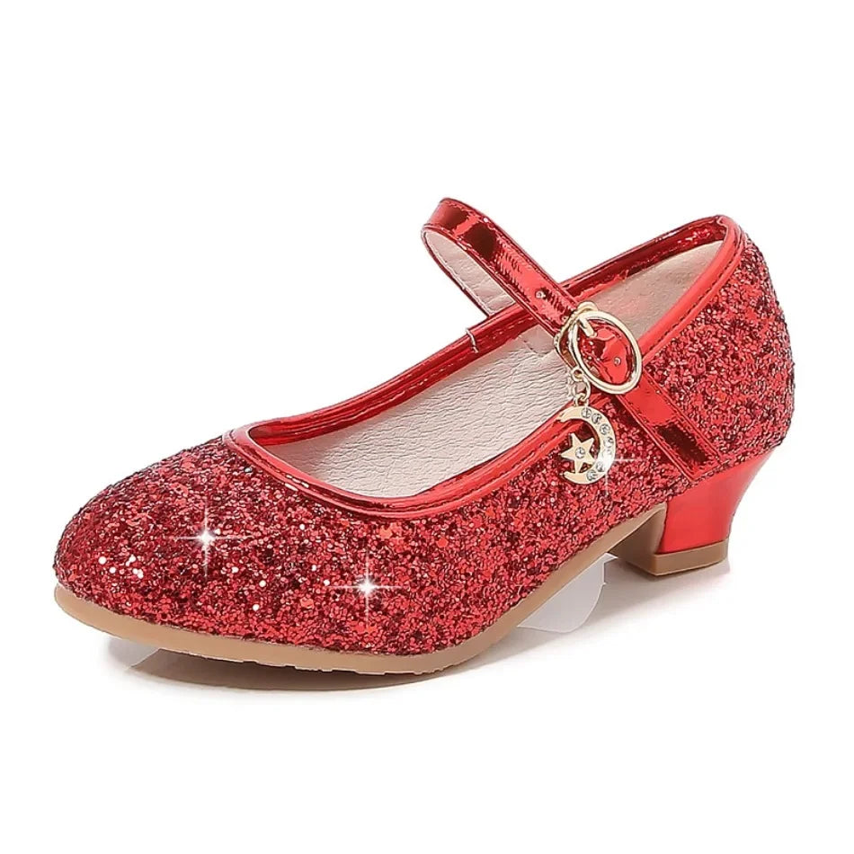 Girls Shoes Children High Heel Glitter Crystal Sandals Fashion Buckle Kids Princess Dance Shoe Student Performance Leather Shoes