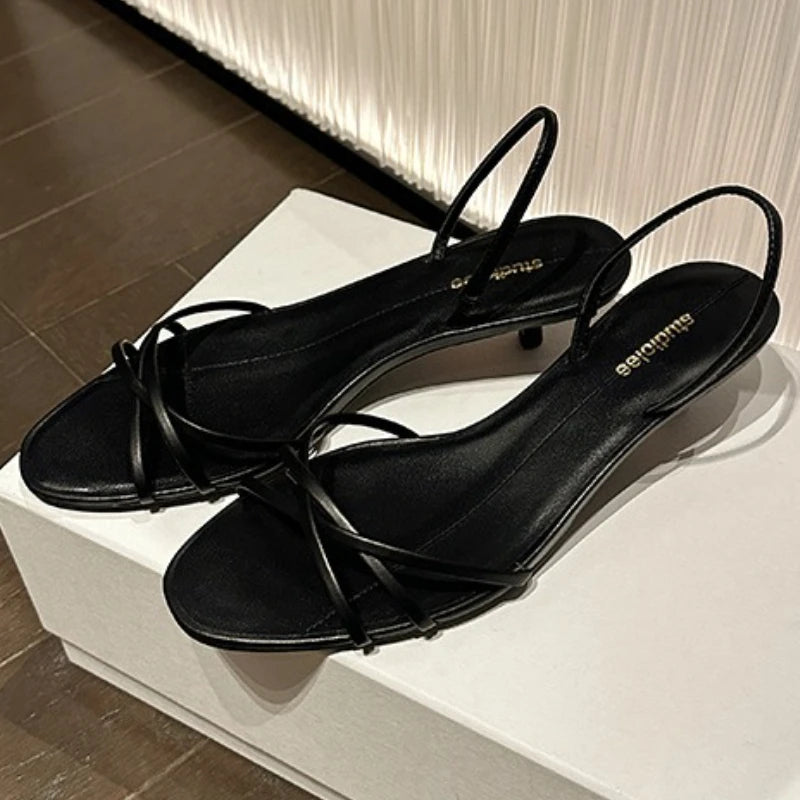 Fashion Pointed Toe Cross Tied Kitten Heel Sandal Women Summer Sexy Open Toe Patchwork Slide Sandal Elegant Comfort Zapato Mujer