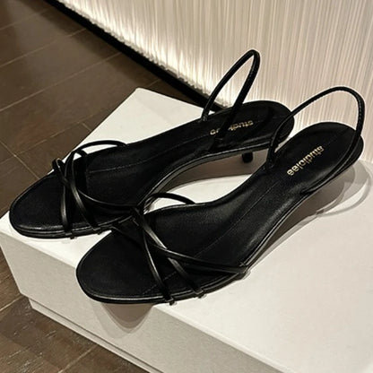 Fashion Pointed Toe Cross Tied Kitten Heel Sandal Women Summer Sexy Open Toe Patchwork Slide Sandal Elegant Comfort Zapato Mujer