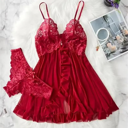 Red Sexy Lingerie Erotic Underwear Sets Transparent Porno Lace Bra And Panty Set Lingerie Women Hot Sleepwear Babydoll Dress