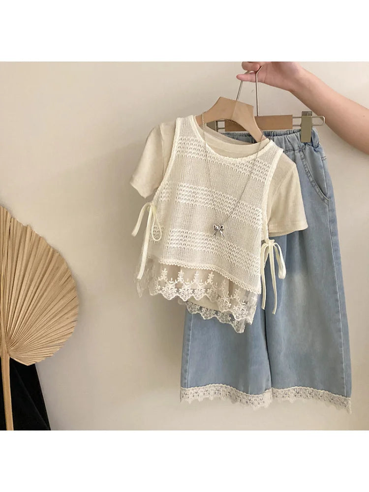 Girls' Summer New Korean Style Hollow Out Lace Trim Tank Top Solid Color Short Sleeve Casual Denim Three-Piece Set