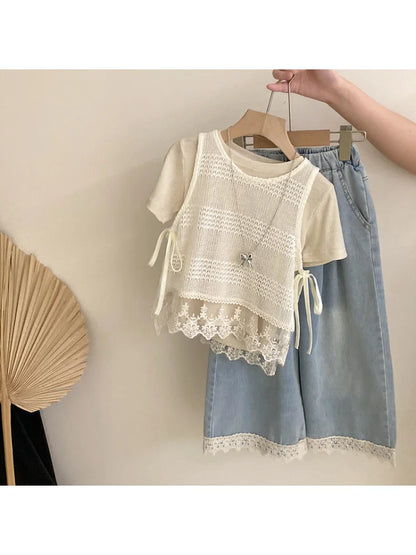 Girls' Summer New Korean Style Hollow Out Lace Trim Tank Top Solid Color Short Sleeve Casual Denim Three-Piece Set