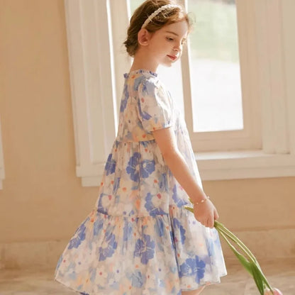 Cotton Dress with Lace Trim in French Retro Oil Painting Style Flower Girl Dresses Children's Clothing Luxury Girls Costume Kids