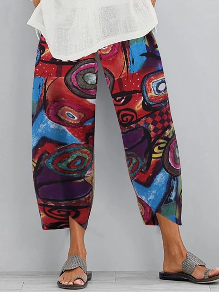 Vintage Cotton and Linen Loose Harem Pants Casual High Waist Wide Leg Trousers Women Harajuku Printed Baggy Pants Oversized
