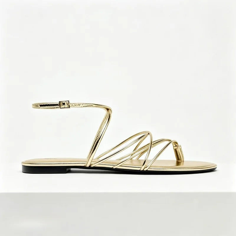 Gold Narrow Strap Cross Strap Design Flat Sandals Women Summer Sexy Women's Flip Flops Elegant Ankle Strap Dress Shoes Sandalias