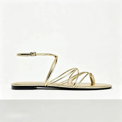 Gold Narrow Strap Cross Strap Design Flat Sandals Women Summer Sexy Women's Flip Flops Elegant Ankle Strap Dress Shoes Sandalias