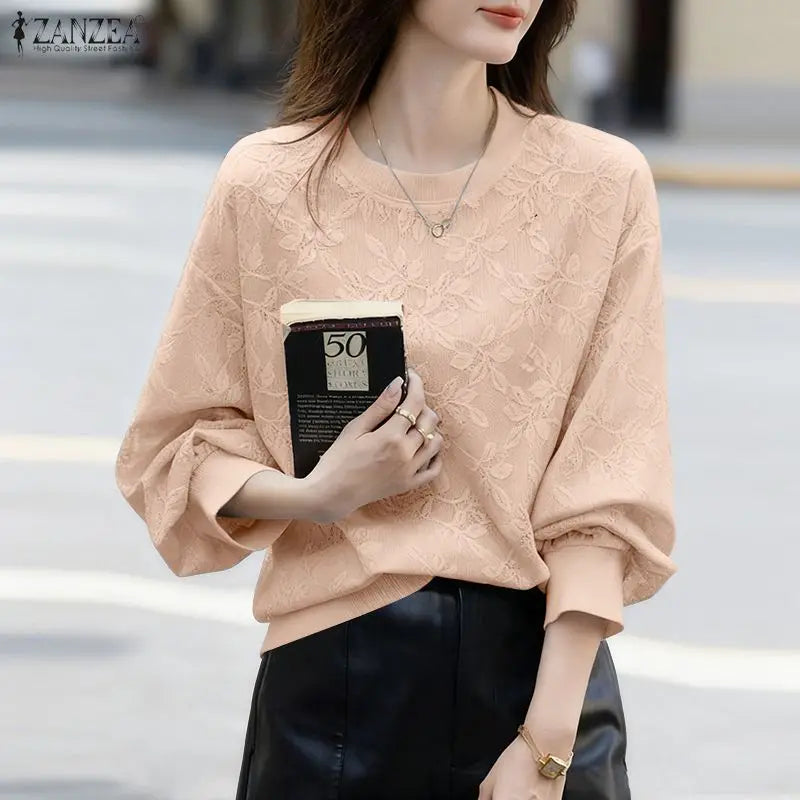 ZANZEA Women's Elegant Floral Jacquard Sheer Blouses O-Neck Long Sleeve Solid Color Pullover Tops Casual Loose Woman Clothes 3XL