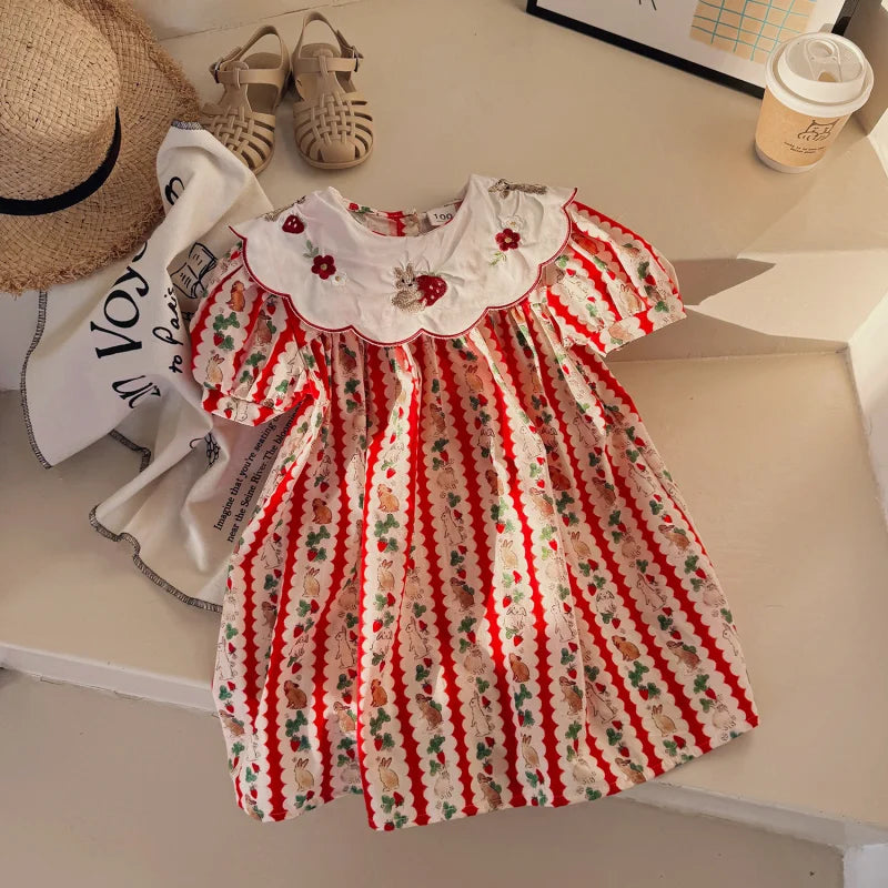 2025Girls' Summer New Floral Turn-down Collar Rabbit Embroidered Puff Sleeve Sweet Princess Dress