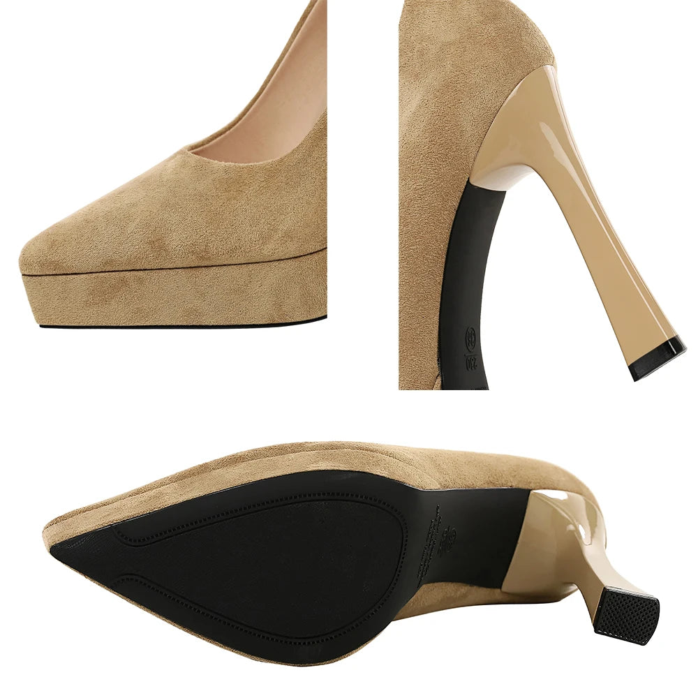 BIGTREE Shoes Platform Pumps Women Shoes Chunky Heel Pointed High Heels Suede Luxury Banquet Shoes Fashion Women Office Shoes