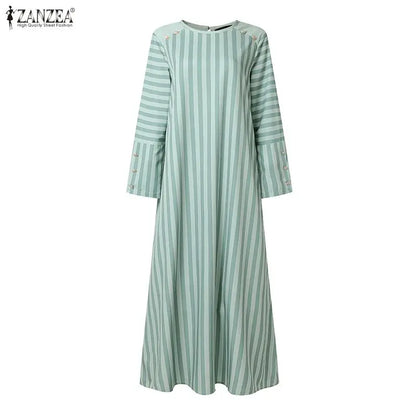 Ramadan Abaya Muslim Dress ZANZEA Women Striped Maxi Dresses Elegant O Neck Long Sleeve Pleated Sundress Robe Casual Kaftan