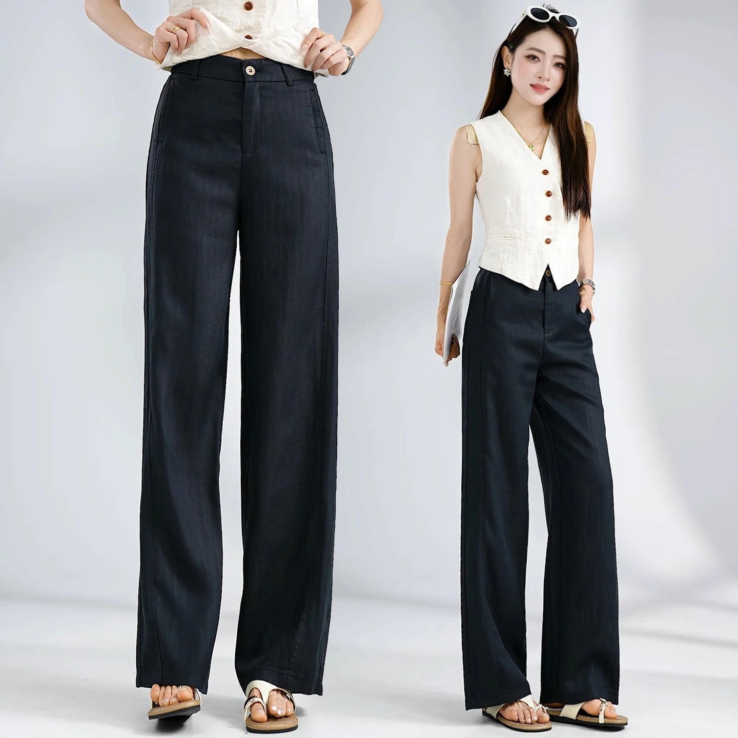 Summer Thin Linen Wide Leg Pants Women Casual Loose Drape Straight Leg  Pants High Waist Comfortable Breathable Cool