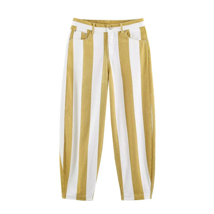 Fashion High-rise Striped Jeans for Women New in Tapered Jeans with Contrasting Stripes Stylish Cowgirls Pants with Five-pockets