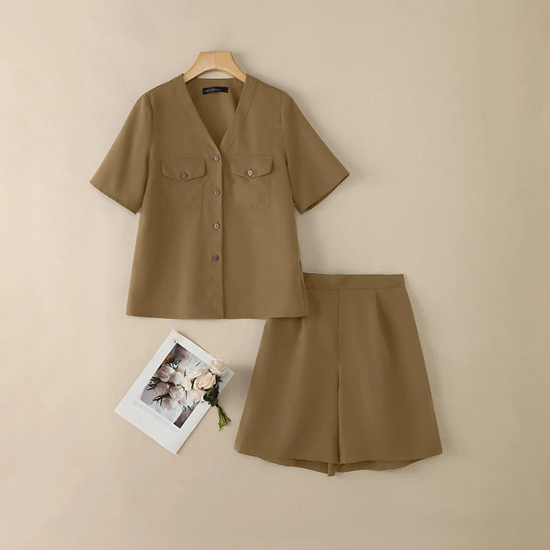 ZANZEA Summer 2 Pieces Sets Holiday Outfit Fashion Women Short Sets V Neck Short Sleeve Blouse Short Suit Solid Casual Tracksuit
