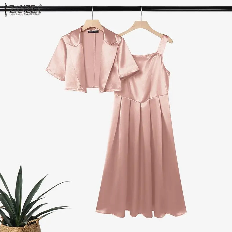 ZANZEA Women's Elegant Satin Dress Sets Sleeveless Pleated Maxi Dress & Short Sleeve Cropped Jackets 2 Piece Sets Fashion Outfit