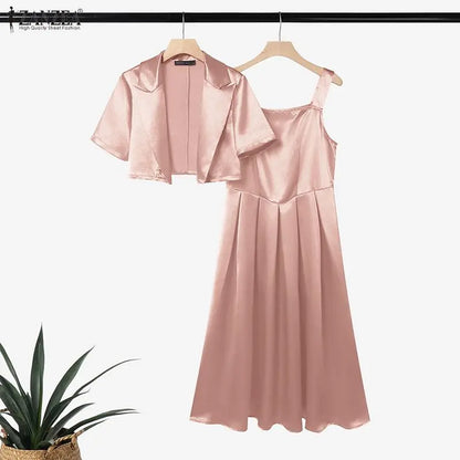 ZANZEA Women's Elegant Satin Dress Sets Sleeveless Pleated Maxi Dress & Short Sleeve Cropped Jackets 2 Piece Sets Fashion Outfit