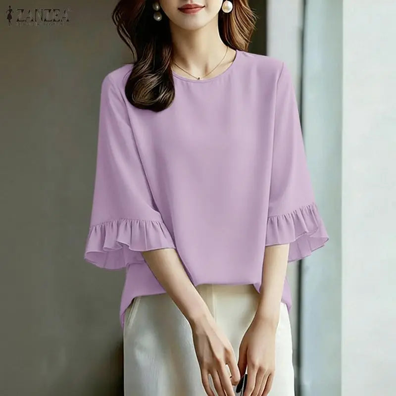 ZANZEA Women's Elegant Blouses 3/4 Flared Sleeve O-Neck Pullover Tops Summer Minimalist Casual Solid Color Blusas de Mujer