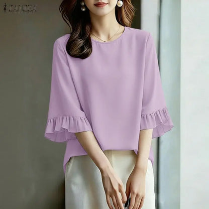 ZANZEA Women's Elegant Blouses 3/4 Flared Sleeve O-Neck Pullover Tops Summer Minimalist Casual Solid Color Blusas de Mujer