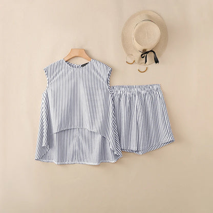 ZANZEA Women's Striped Short Sets Sleeveless High-Low Tops & Elastic Waist Shorts 2 Piece Suits Summer Casual Day Wear Outfits