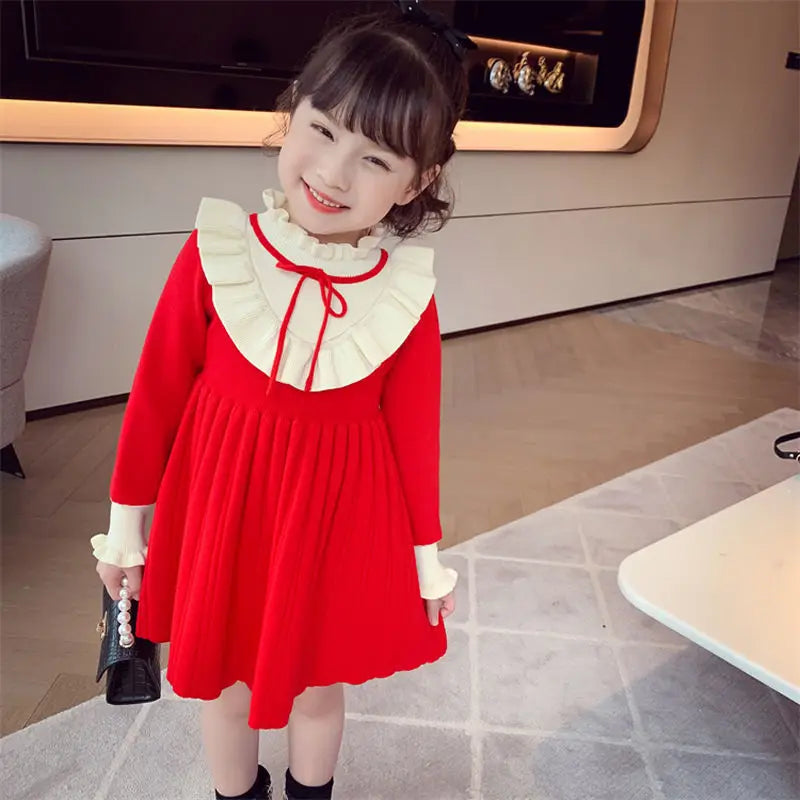 2025 New Girls Autumn Winter Ruffled Collar Long Sleeve Knit Princess Dress Stylish Childrens Cotton Dress
