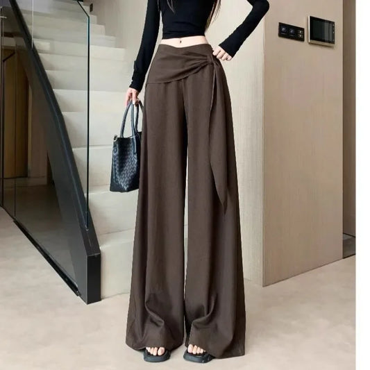 High Waisted Wide Leg Pants With Tie Waist Detail Loose Fit Casual Full Length Women's Trousers