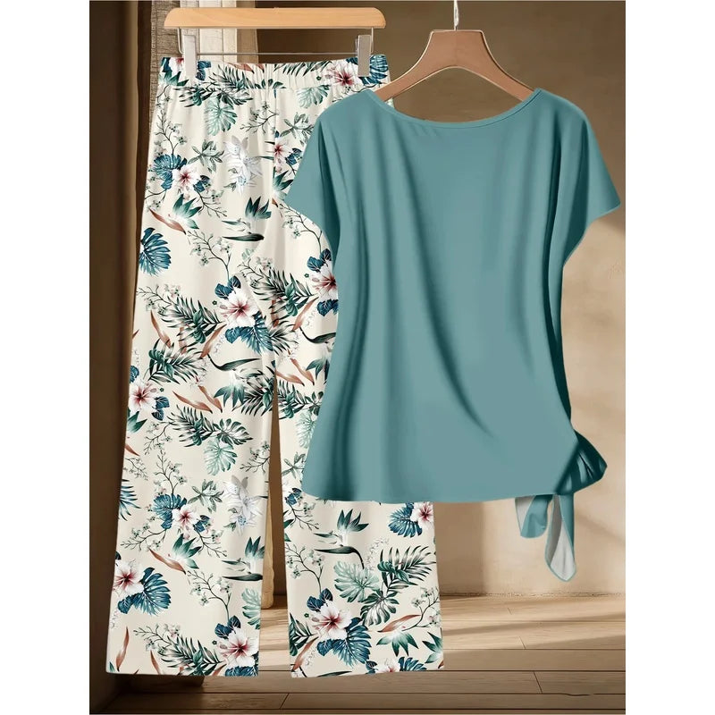 Summer Fresh Casual Two-Piece Set Short Sleeved Twisted Top with Tropical Plant Print Wide Leg Pants plus Size Outfit