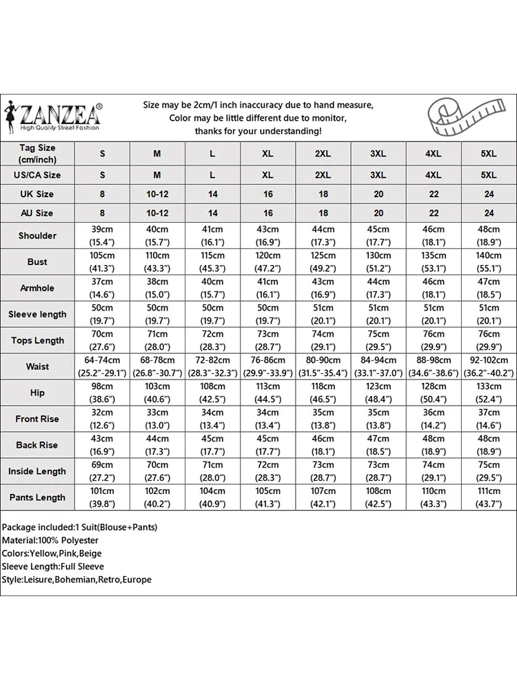 2025 ZANZEA Autumn Outfits Women 2 Pieces Sets Fashion Long Sleeve Printed Blouse Wide Leg Pant Sets 2pcs Tracksuits Oversize