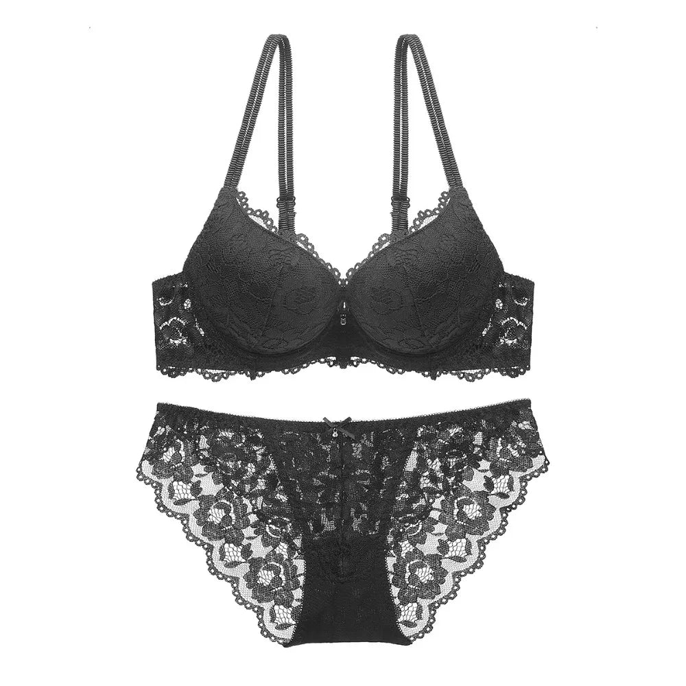 Sweet Mesh Lace Flower Bra Low Waist Bowknot Push Up Bra Women Lingerie Intimates Bra Panties Set Girl