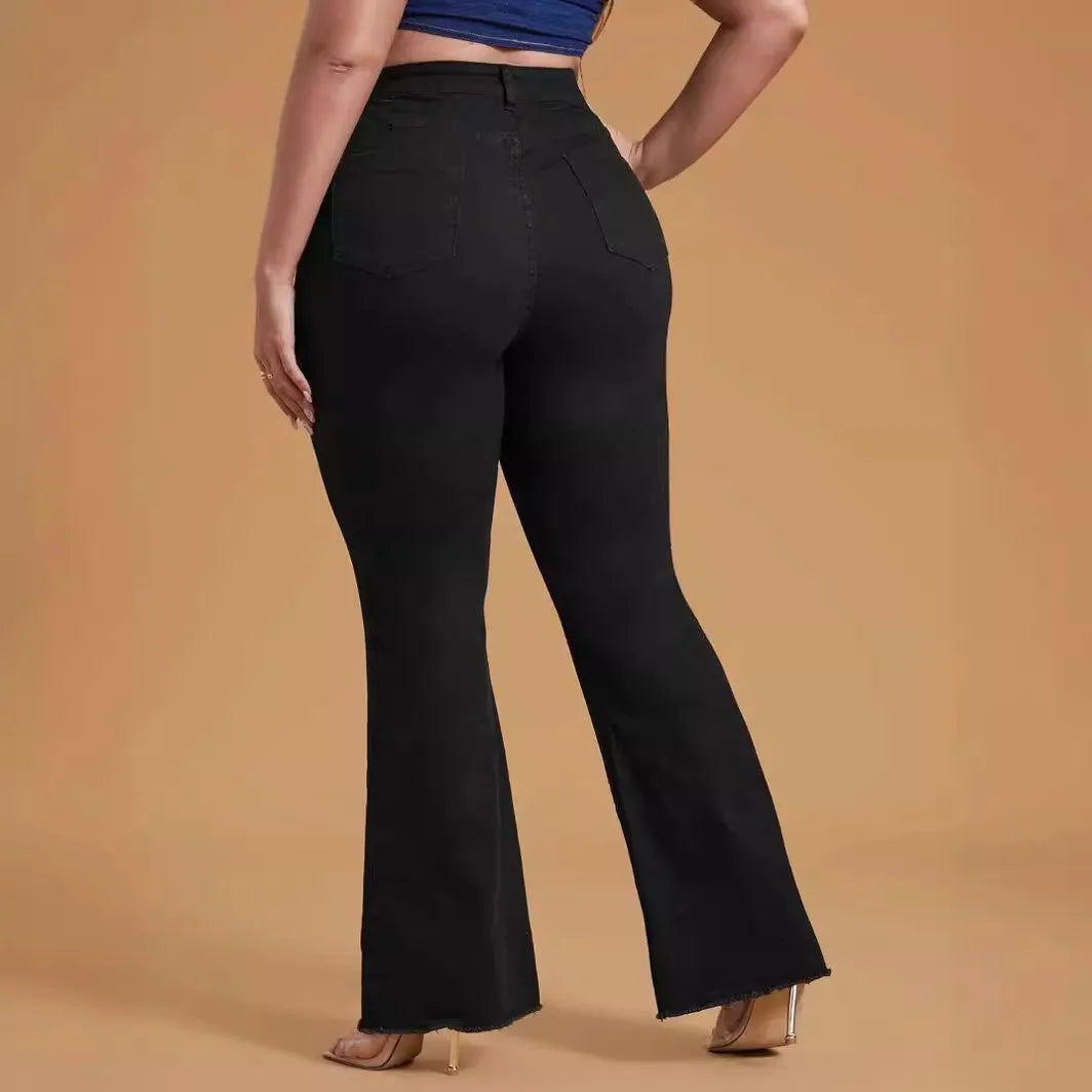 Plus Size Women's Jeans Black High Waist Wide Leg Denim Pants Mid Rise Full Length Bottom Jeans Raw Hem Flared Jeans for Woman