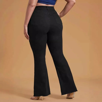 Plus Size Women's Jeans Black High Waist Wide Leg Denim Pants Mid Rise Full Length Bottom Jeans Raw Hem Flared Jeans for Woman