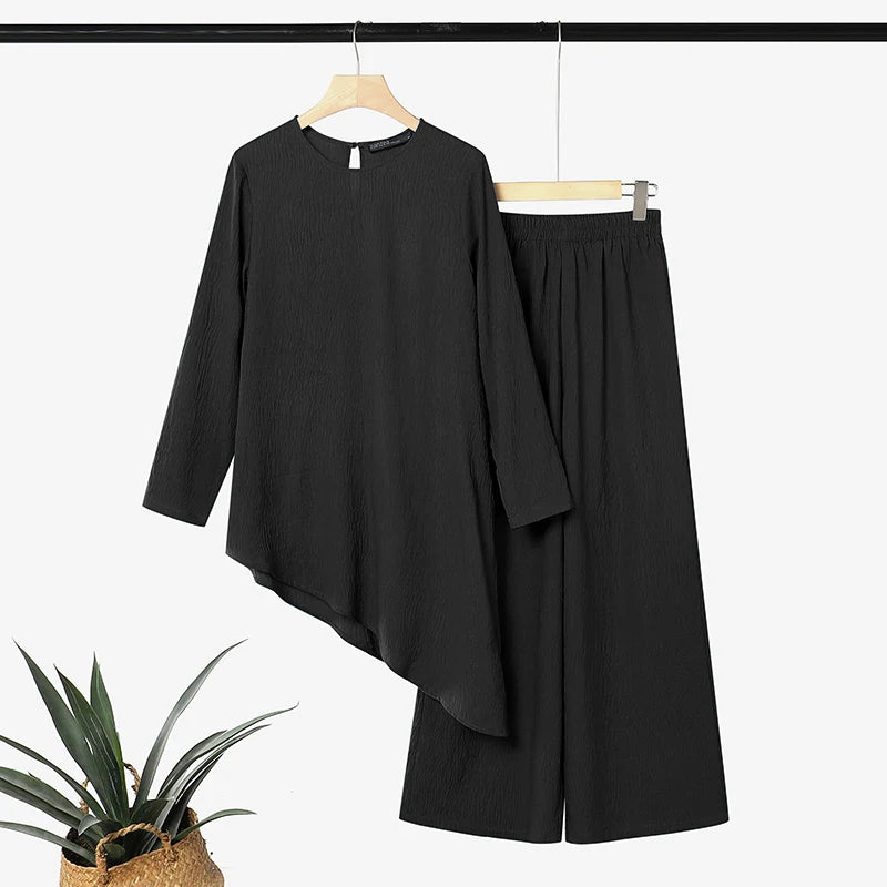 Ramadan Muslim Sets Outfit ZANZEA Modest Women 2 Piece Sets Casual O Neck Long Sleeve Tops Pant Sets Irregular Abaya Kaftan 2026