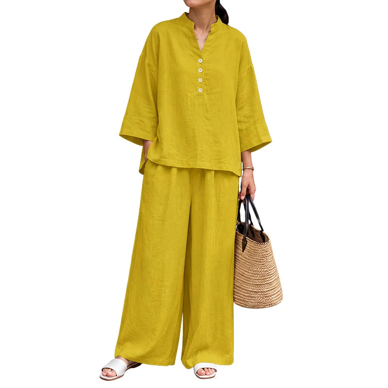 ZANZEA Women Casual Loose Pant Sets V-Neck Long Sleeve Blouse & Wide Leg Pant 2 Piece Matching Sets Autumn Daily Wear Co-ords