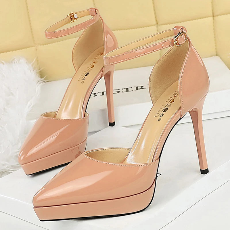 BIGTREE Shoes Platform Heels Women Pumps Patent Leather High-Heeled Sandals Women Summer Shoes Stiletto Heels 10.5 Cm Party Shoe