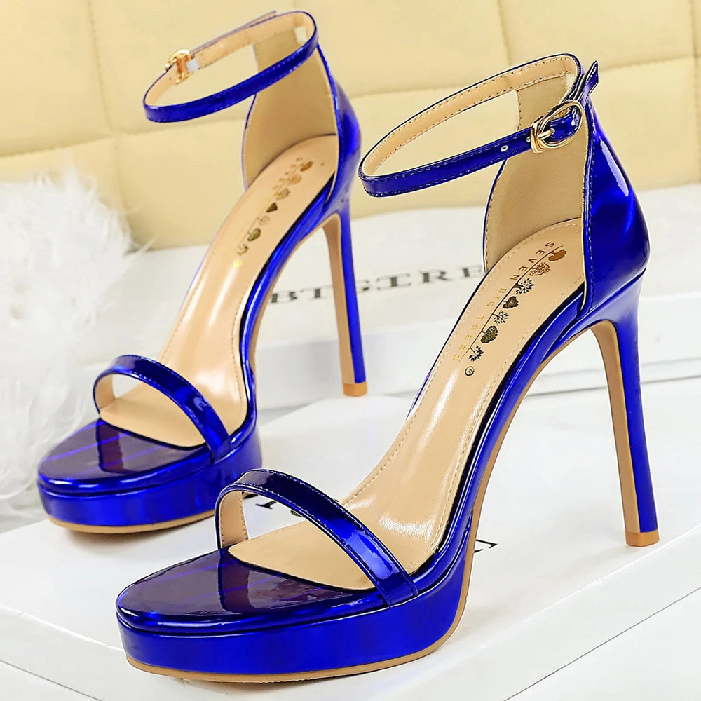 Sexy High Heels Patent Leather Women Pumps Platform Open-toe Heels 11.5 cm Stilettos Heeled Sandals Summer Shoes Plus Size 43