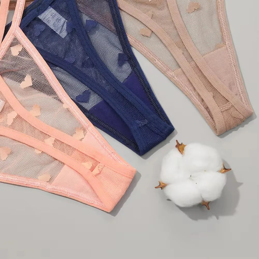 2Pcs Heart See Through Mesh G-String T-Pants Underpants Sexy Lace Sheer Underwear Women's Low Waist  Lingerie Thong Panties