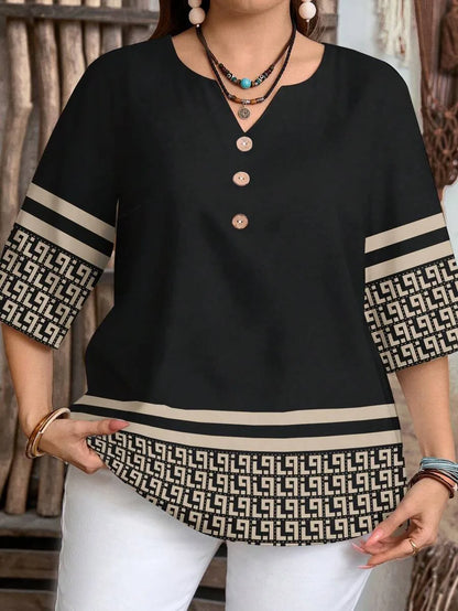 Plus size women's spring/summer/autumn new retro pattern front button leisure short sleeve shirt essential summer outfit