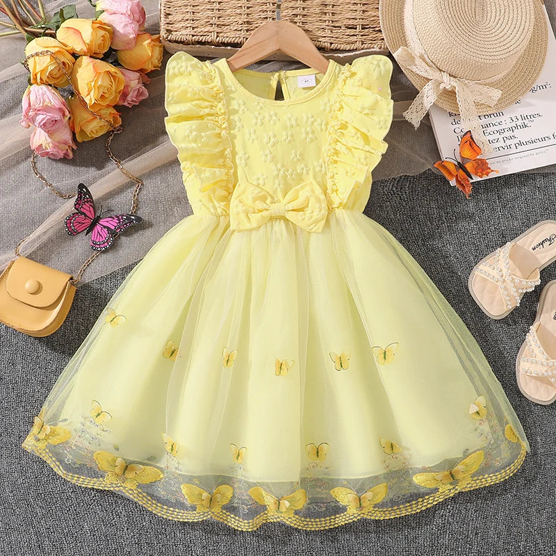 Dress For Girls Yellow O-Neck Fly-Sleeve Tulle Bowknot 8-12 Years Summer Elegant Sweet Style Princess Dress Kids Clothing