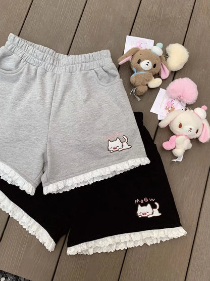 Summer Japanese High Waisted Shorts Women Cute Cat Cartoon Print Cotton Short Pants Casual Fashion Female Bottoms Shorts New