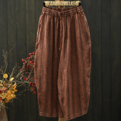 100% Linen Women Casual Harem Pants New 2026 Summer Vintage Style Striped Loose Comfortable Female Ankle-length Pants M2406