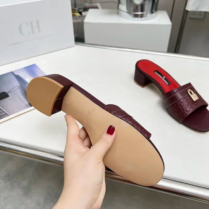 Women's Luxury Black Red Mule Sandals CH Brand Embossed Leather Upper Metal Lock Buckle Design Block Heel Slides for Daily Wear