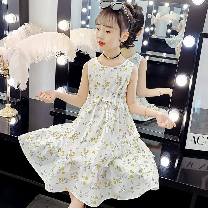 Floral Princess Dress with Waist Tie Trendy Tweens Girls Clothing Dresses 6 8 Years Frocks Kids Girly Clothes Skirt Girl Elegant