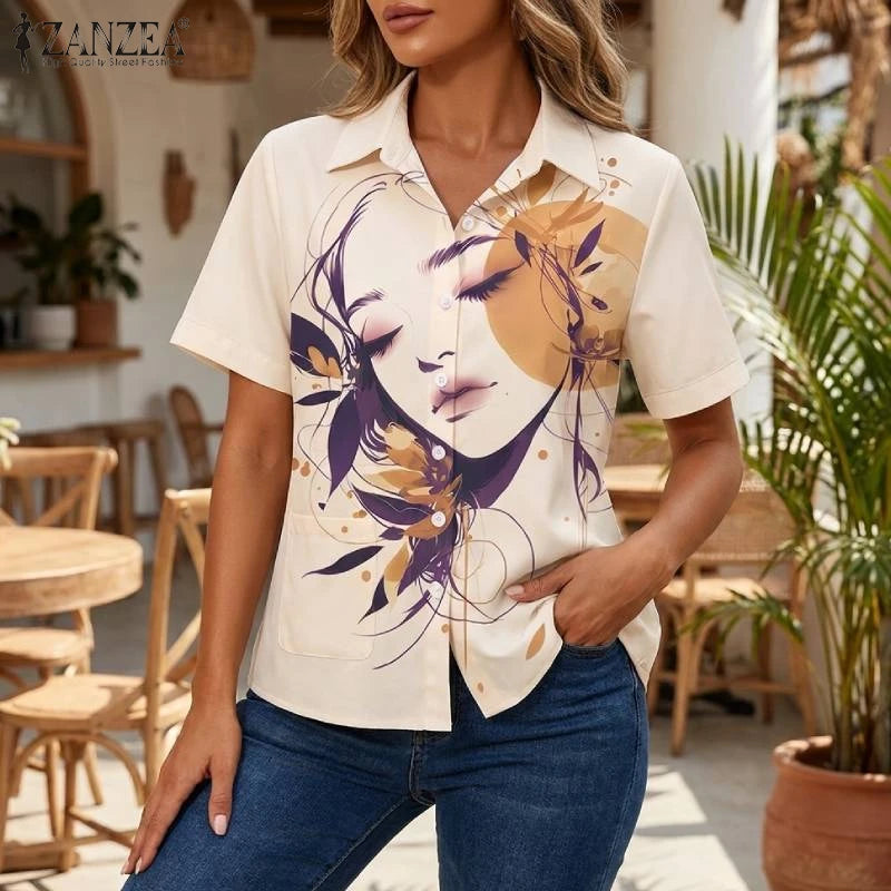 ZANZEA Woman Abstract Art Printing Short Sleeve Shirts Turn-Down Collar Button Up Blouses Summer Casual Daily Streetwear Top 3XL