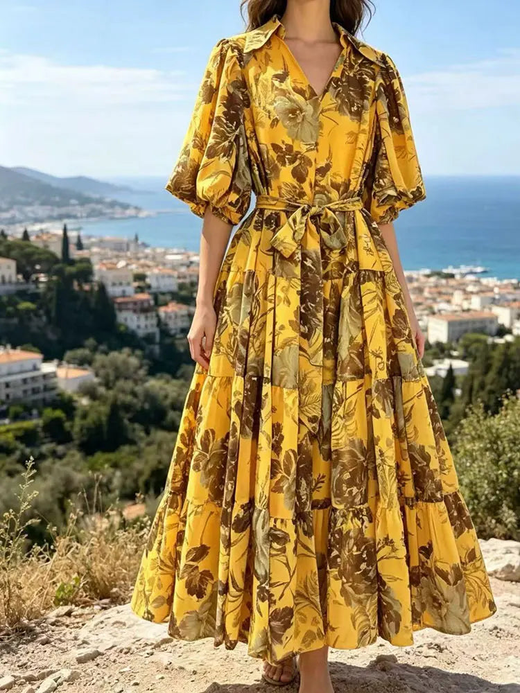 2026 Summer women's new lapel bubble short sleeve printing waist lace-up dress temperament French elegant swing holiday dress.